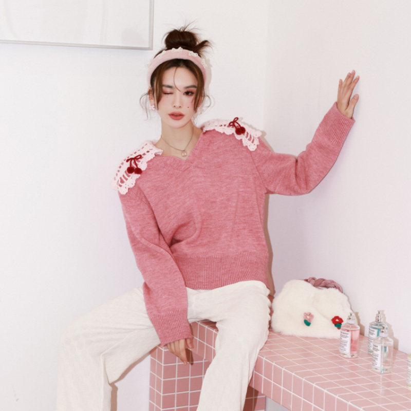 白鹿同款衣服somesowe官方授权小众海军领勾花v领毛衣针织衫福