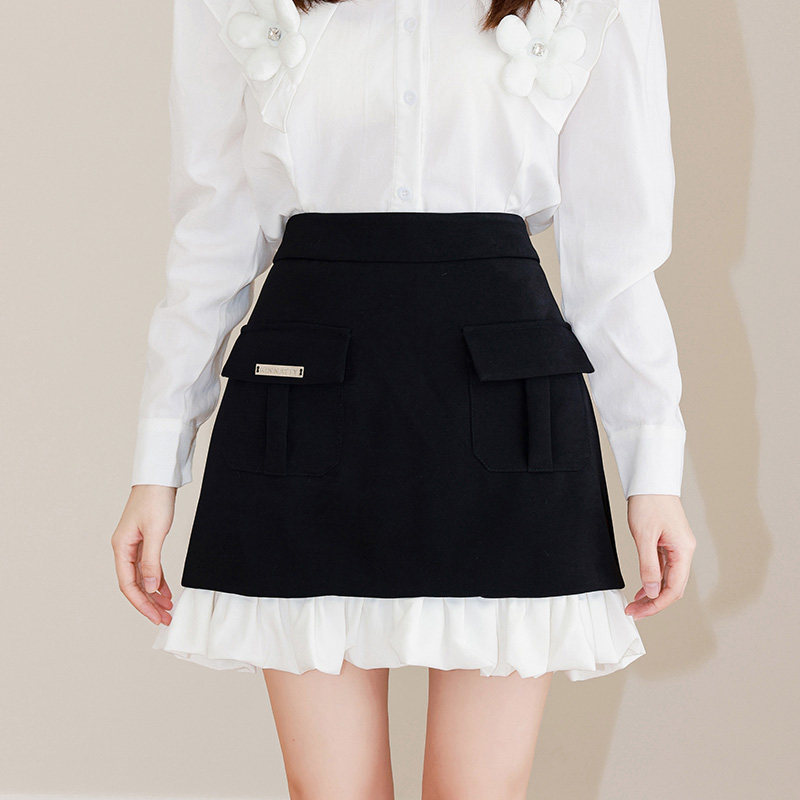 kinnatty官方授权荷叶边气质女半身短裙褶皱后拉链裙边拼色口袋