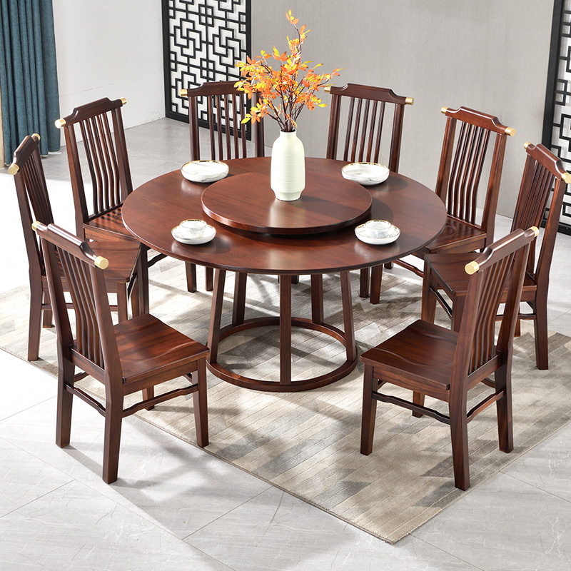 新中式全金丝檀木餐桌椅组合卯榫实木轻奢简约圆桌带转盘餐厅家具