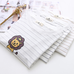 2016夏装新款韩版圆领细条纹卡通狮子印花T恤中长款休闲短袖t恤女