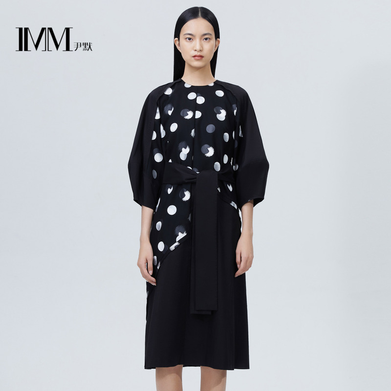 imm尹默女装春季波点拼接连衣裙本布腰带a字长裙iwbc50003