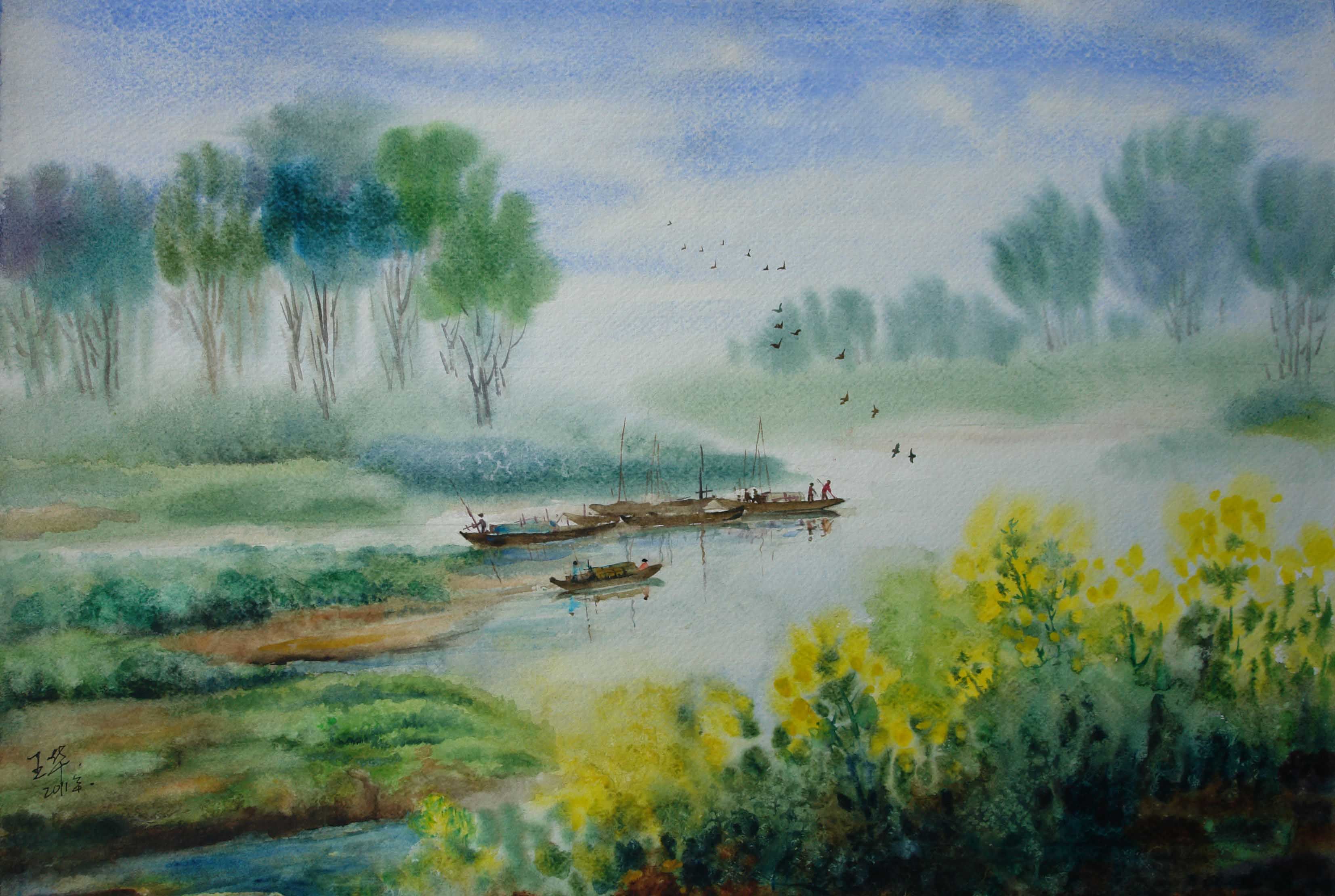 学院派画家王华作品:《春游归来》