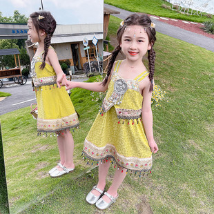 女童民族风吊带裙夏季度假穿搭儿童夏装裙子小女孩宝宝连衣裙黄色