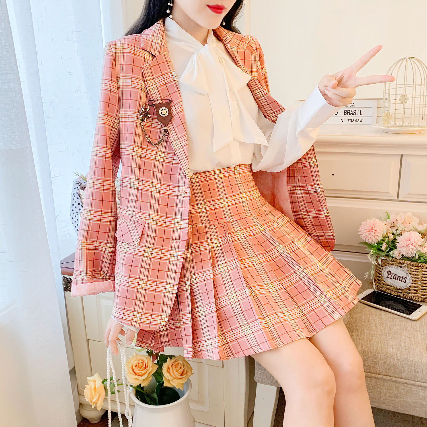 实拍2020秋冬jk制服复古格纹西装套装 百褶半身裙两件套装