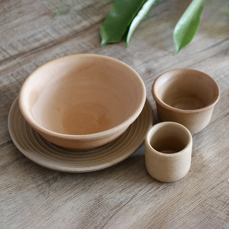 手工无釉仿古老式土碗四件套土陶碗粗陶餐具复古碗碟套装