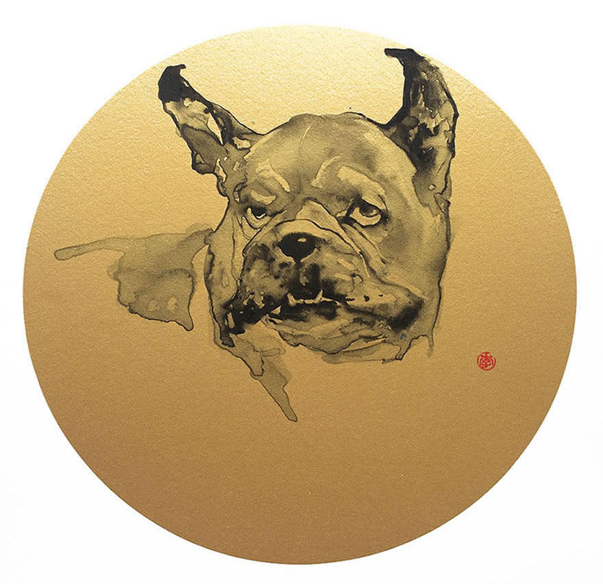 李金勇《沙皮犬系列》赠框 水墨纸本金箔