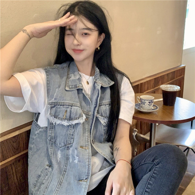实拍实价新款宽松休闲牛仔马甲女小众复古外搭无袖牛仔上衣潮