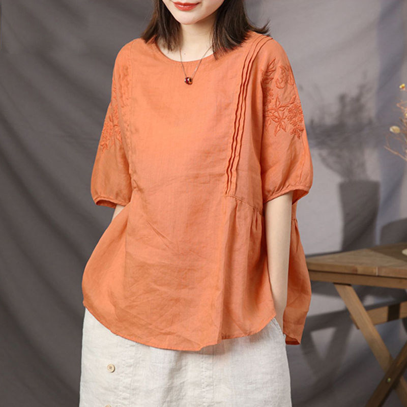 文艺复古刺绣棉麻衬衫女中袖苎麻娃娃衫夏季宽松大码薄款亚麻上衣