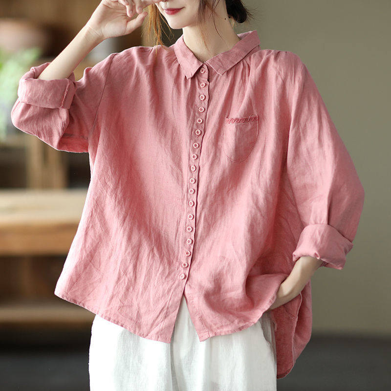 长袖棉麻衬衫休闲复古文艺亚麻宽松上衣