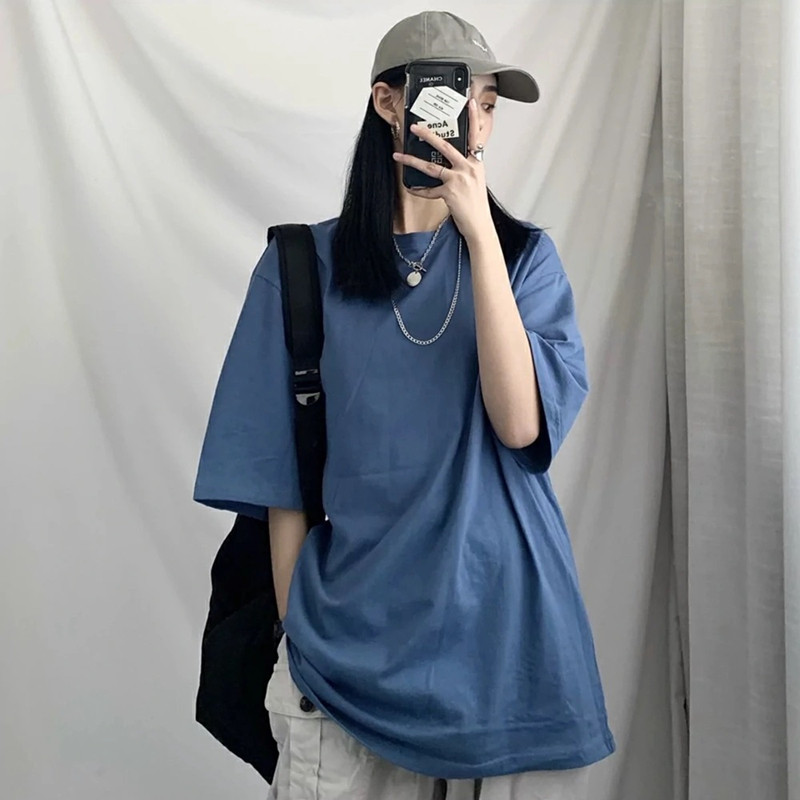 纯棉ins网红雾霾蓝色短袖t恤女夏韩版原宿港风学生宽松打底衫上衣
