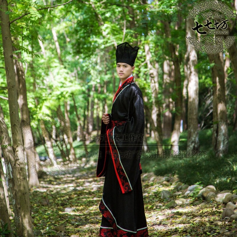 七七坊汉服华服周制秦汉婚服新郎伴郎赞者男士红黑金曲裾袍中国风
