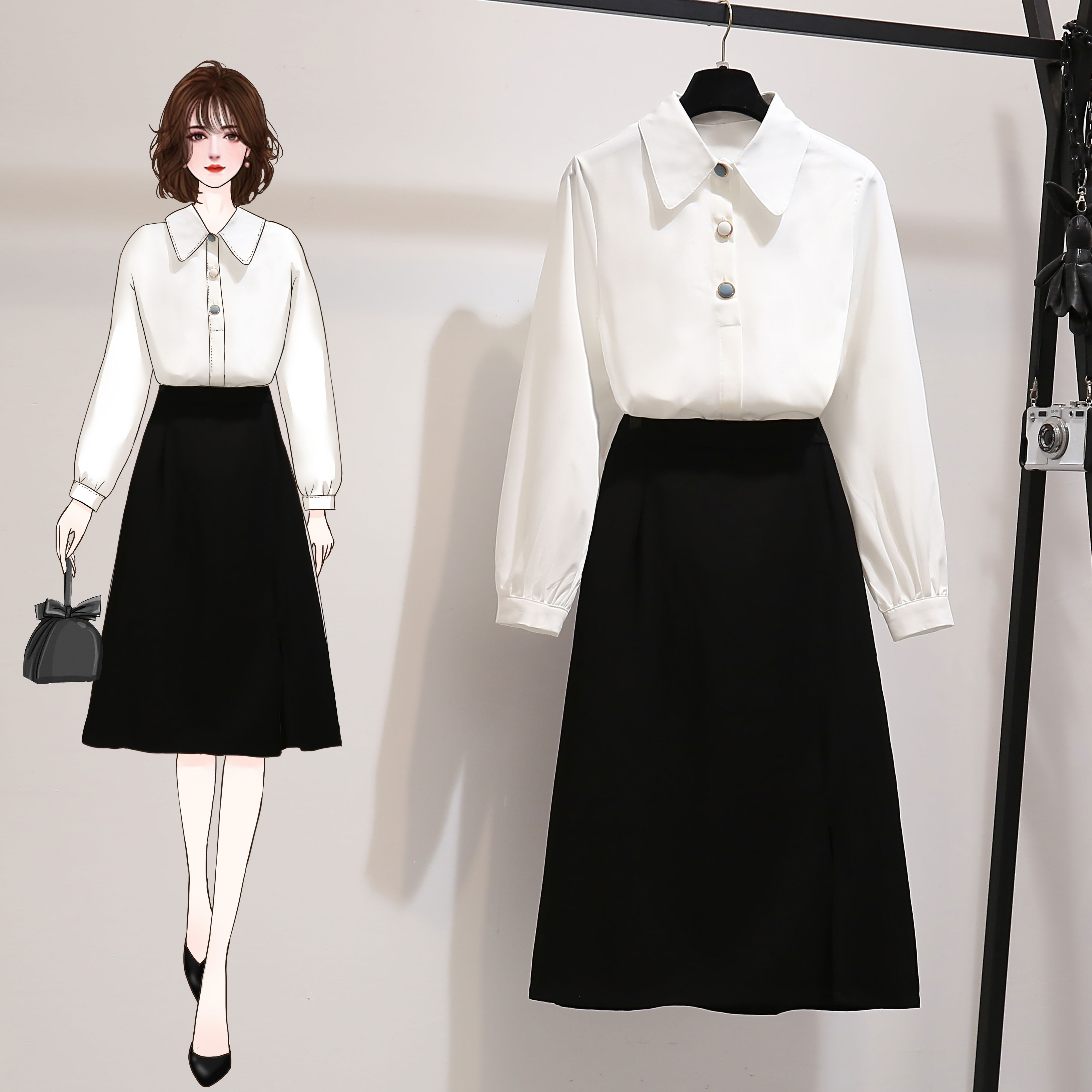 现货2021秋季新款时尚衬衫半身裙高腰两件套装洋气收腰气质半身裙