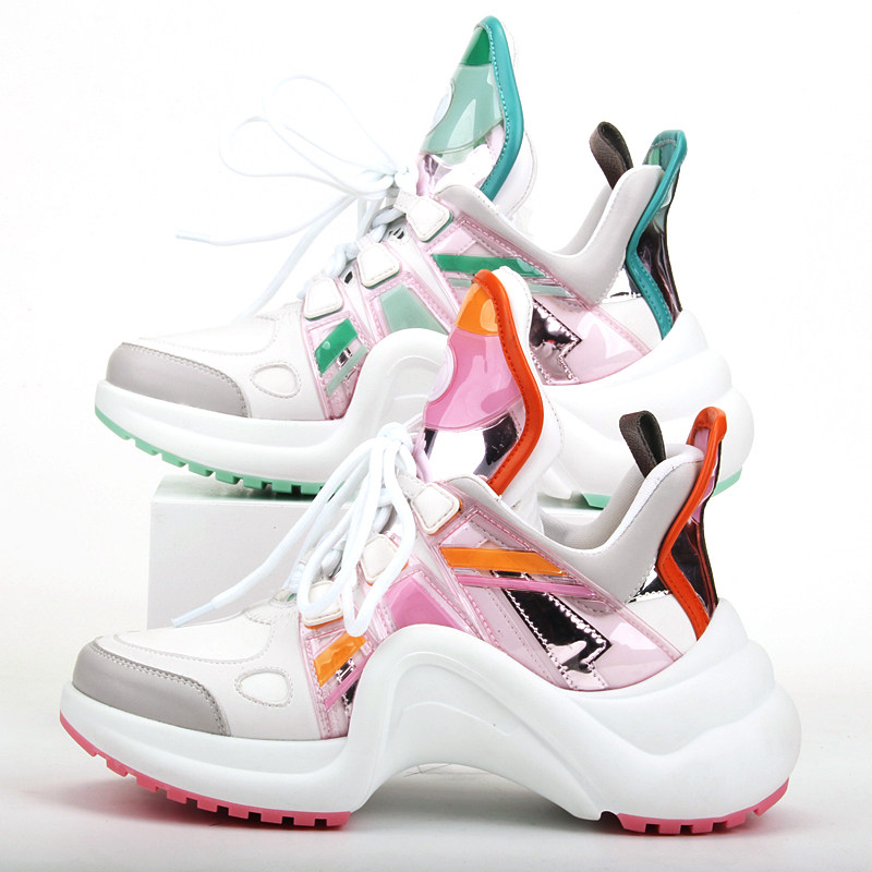 v家2020春季真皮弓形底老爹鞋女系带厚底松糕鞋ins潮超火运动鞋