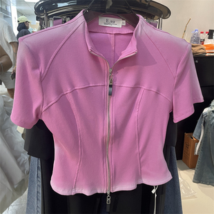Esu2024夏季新款设计感小众垫肩短袖衬衫修身显瘦拉链开衫上衣