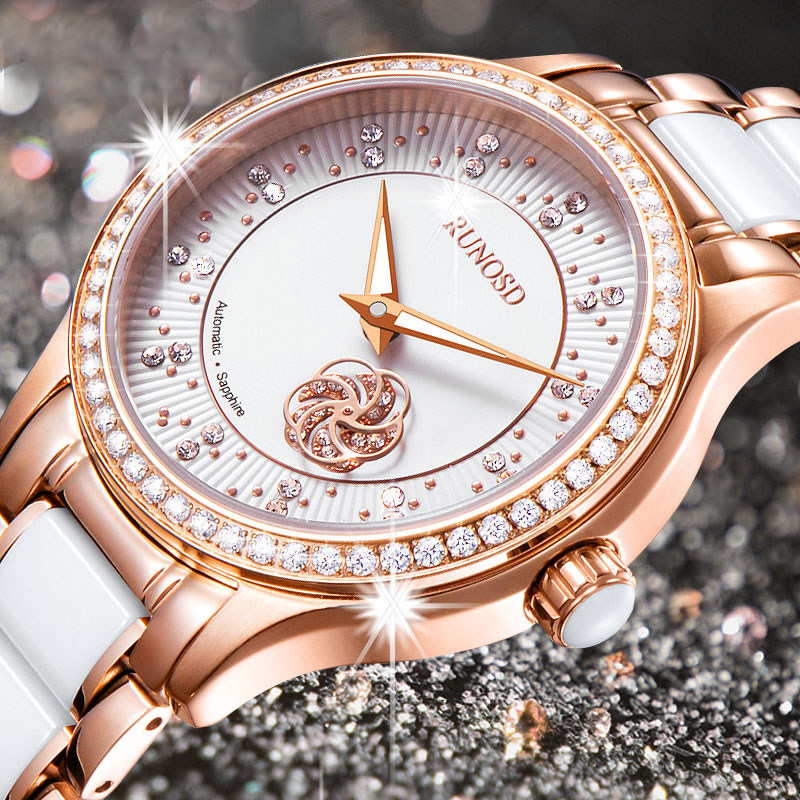 瑞士斯诺威登品牌手表女机械表防水时尚气质陶瓷女士手表名牌正品