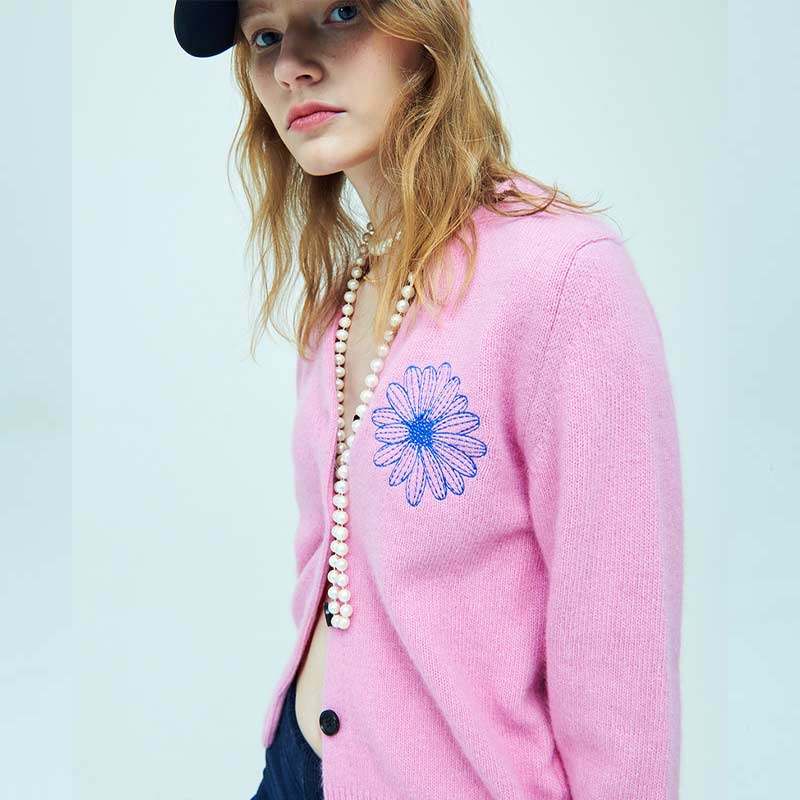 韩国代购潮牌mardi mercredi花朵雏菊秋冬针织开衫绿花伊胜雅同款