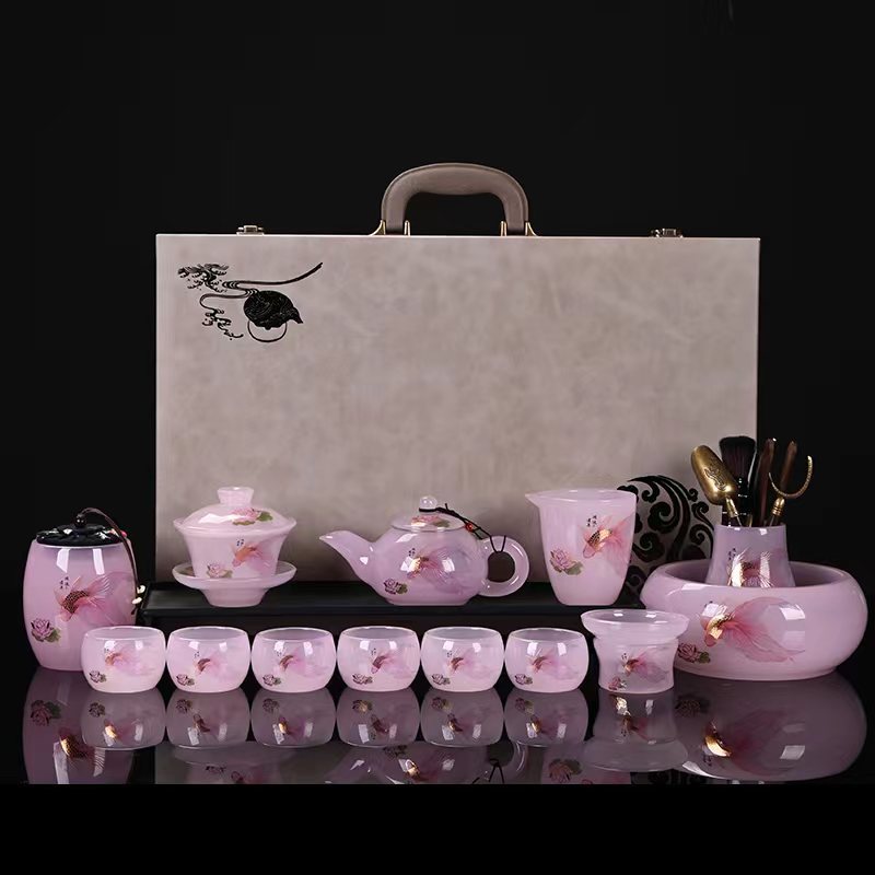鸿运莲年琉璃茶具套装家用盖碗茶壶办公室粉色功夫茶具高档礼盒装