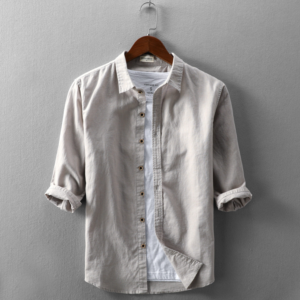 一折亚麻短袖t恤男 薄款_夏季亚麻衬衫男七分袖棉麻衬衣短袖上衣麻布