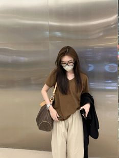 美式复古正肩V领纯色短袖T恤女夏港味chic宽松显瘦半袖体恤上衣服