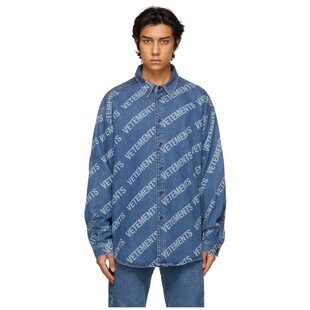 vetements/男士棉翻领长袖蓝色标志牛仔衬衫 210423ss1520