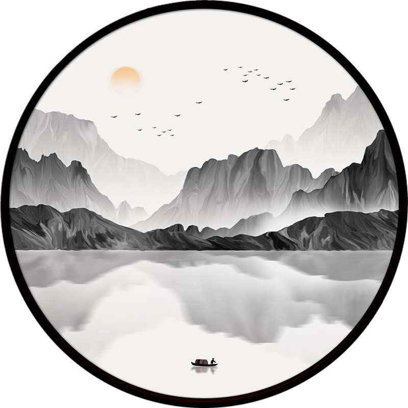 新中式装饰画圆形水墨挂画禅意山水画背景墙国画客厅风水玄关壁画