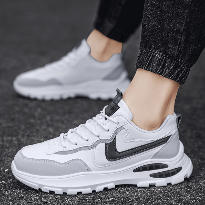 春季青少年初中学生穿休闲运动鞋皮面防水跑步鞋男款白色旅游波鞋