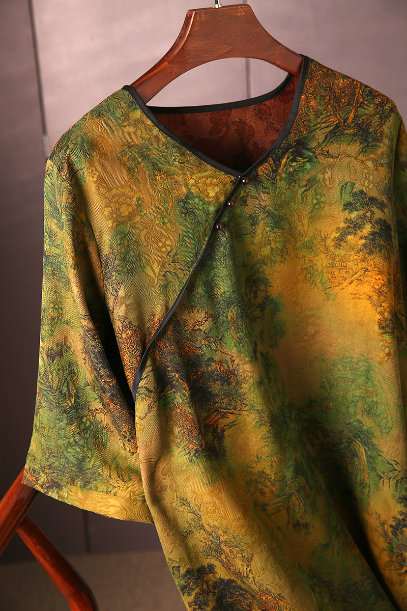 重磅真丝香云纱花罗提花短袖v领长款改良旗袍风连衣裙女夏季