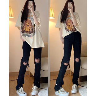 韩版黑色破洞牛仔裤女夏季薄款直筒设计感高街美式显瘦辣妹拖地裤