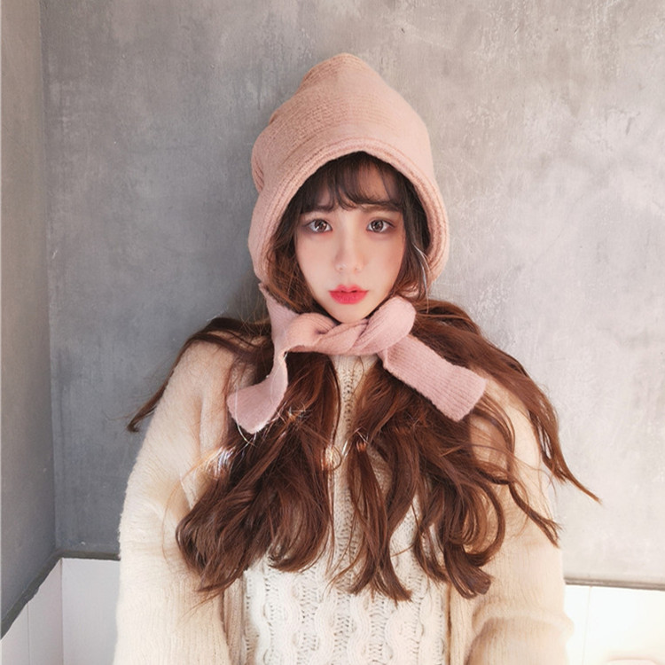 韩国复古纯色保暖护耳毛线帽子女秋冬保暖法式系带百搭针织包头帽