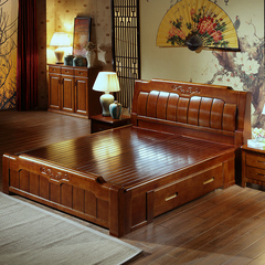 全实木床白色1.8米中式橡木床双人床雕花婚床高箱储物床卧室家具