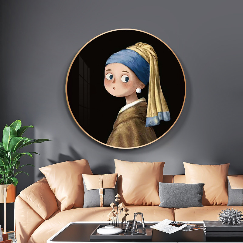 圆形装饰画轻奢入户玄关挂画名画q版蒙娜丽莎艺术餐厅画卧室壁画