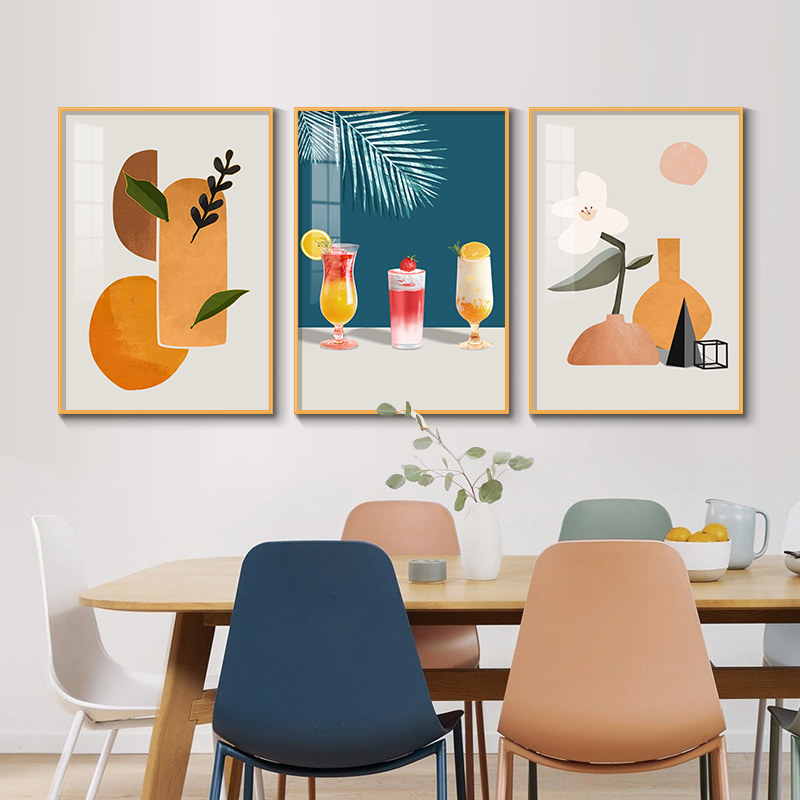 北欧小清新餐厅装饰画现代简约创意雅致三联画酒杯果汁轻奢饭厅画