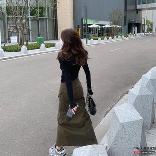 Xz/z纸片腰 高段位工装开叉半身裙女夏薄款军绿色长裙秋冬中长裙