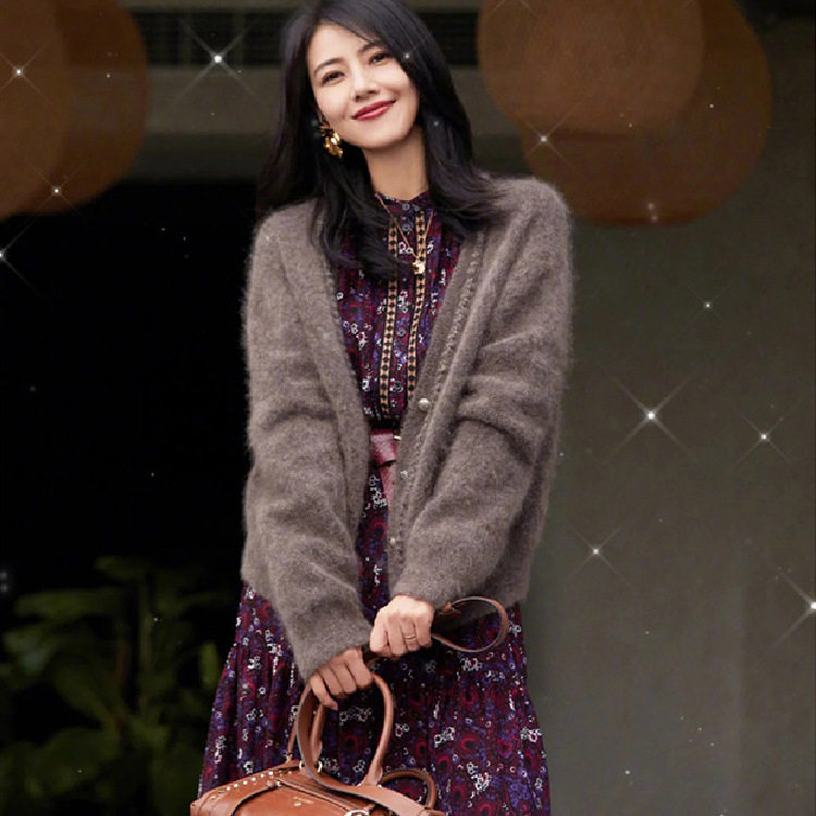 明星同款高圆圆法式碎花连衣裙女2021秋冬款毛针织衫外套两件套装