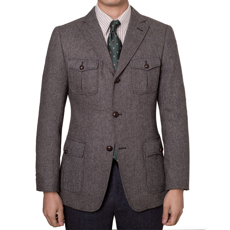 秋冬款粗花呢猎装 灰色深蓝色休闲西装 修身人字纹羊毛呢西服男