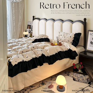 法式复古实木床中古风主卧1.8m双人床现代简约轻奢黑色软包床北欧