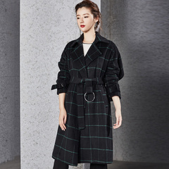 披肩袖羊毛呢大衣 莉莉的2016新款韩版系带收腰长款格子呢子大衣