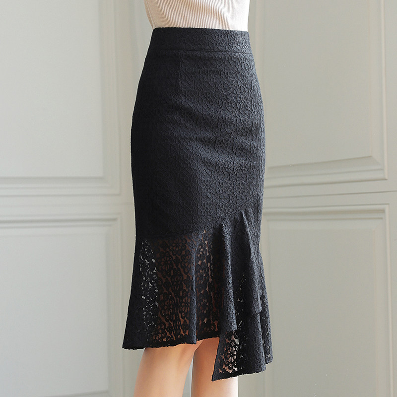 新款荷叶边裙高腰蕾丝鱼尾半身裙女士a字中裙修身显瘦性感包臀裙