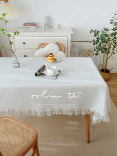 ins风白色棉麻桌布长方形茶几台布北欧拍照轻奢高级感卧室圆桌布
