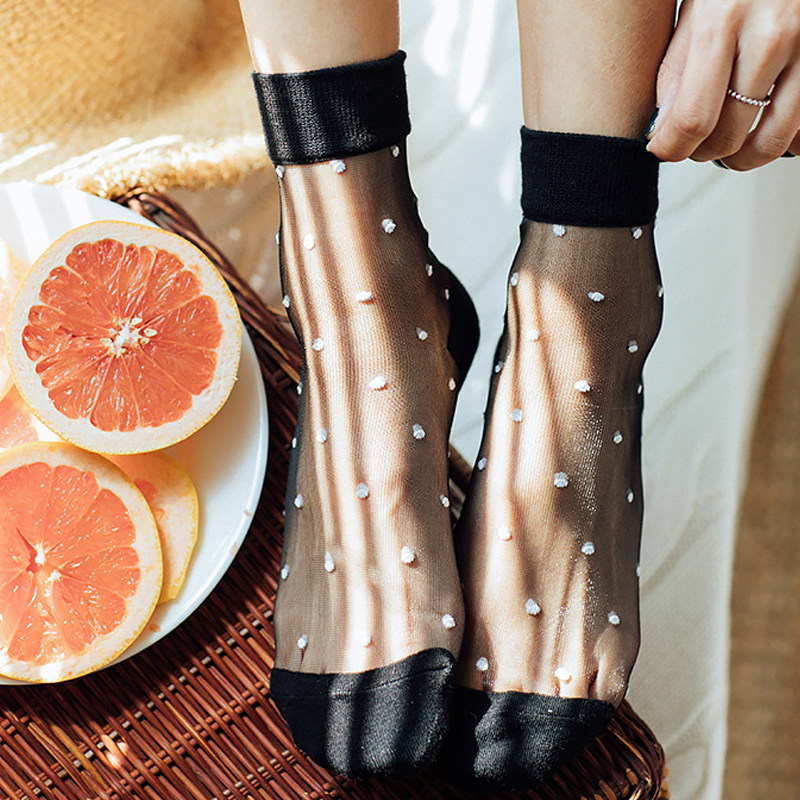 夏季薄款黑色袜子女中筒圆点日系网纱水晶袜脚面透明波点玻璃丝袜