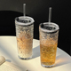 大容量玻璃吸管杯高颜值女生带盖冰美式拿铁咖啡杯家用水杯冷饮杯