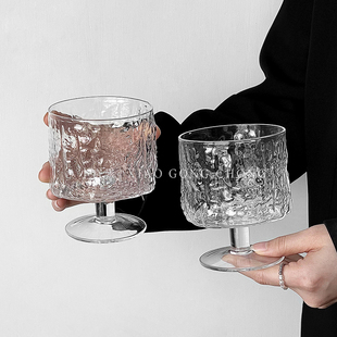 设计感树皮纹高脚杯ins家用玻璃杯咖啡杯果汁杯气泡水杯饮料杯子