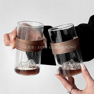 观山杯防烫竹木杯套 耐热绿茶杯泡茶杯富士山杯玻璃杯家用水杯子