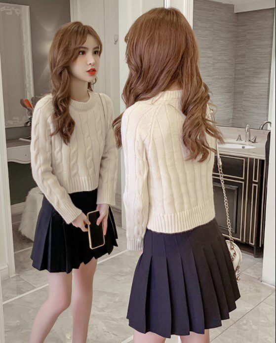 娇小矮个子150cm显高145秋冬小个子套装短款毛衣搭配百褶裙两件套