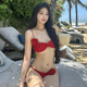 ins泰国小众泳装红色绝美热辣比基尼立体花性感海岛度假风泳衣女