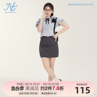 NANGOON 蓝色学院风小套装短袖衬衫女夏新款遮肉半身裙设计感
