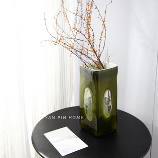 法式中古玻璃花瓶高级感客厅装饰摆件方形绿色水培插鲜花复古花器