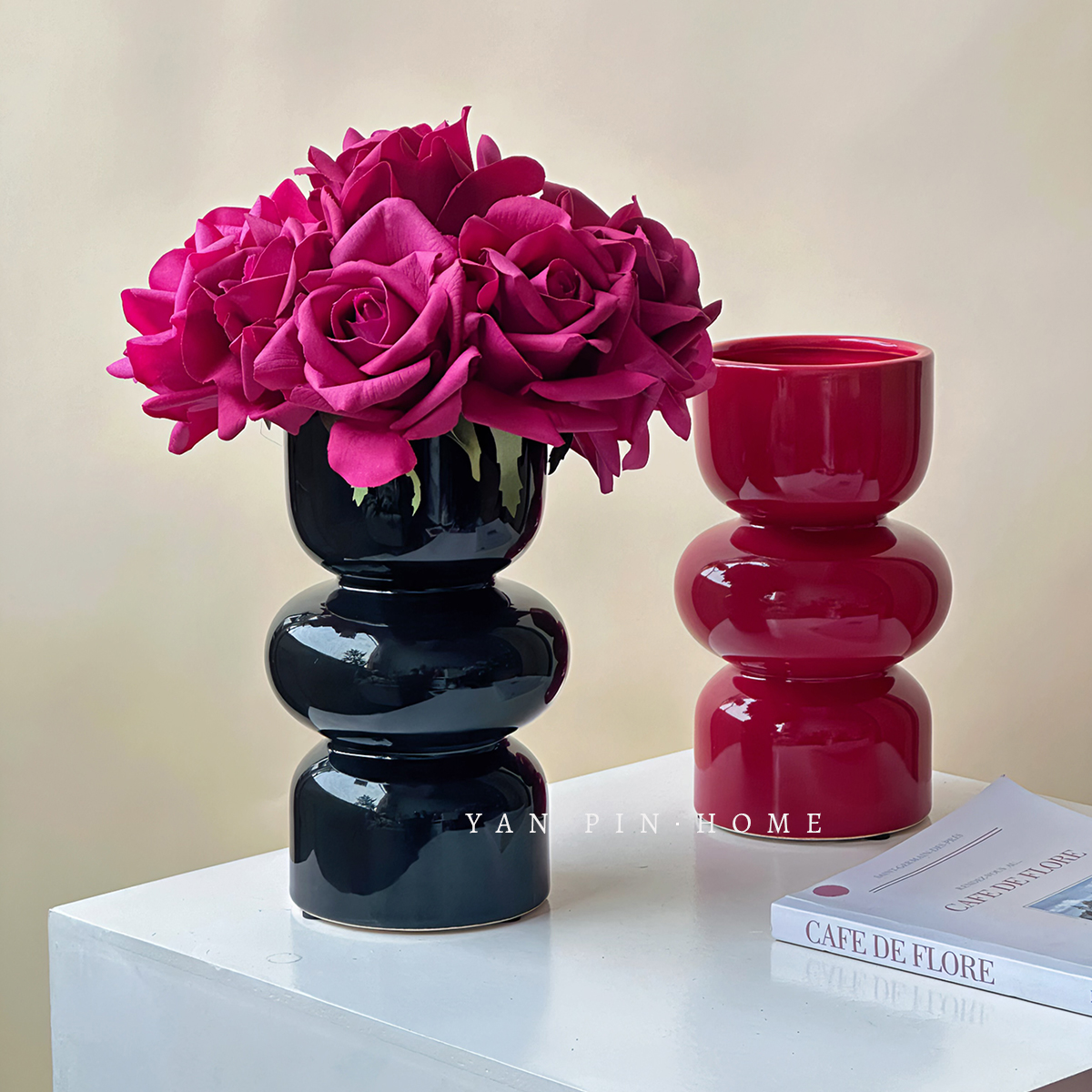 黑色复古陶瓷花瓶简约高级感创意客厅