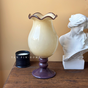 高级感高脚铃兰花瓶法式复古装饰插花摆件客厅桌面琉璃中古花器