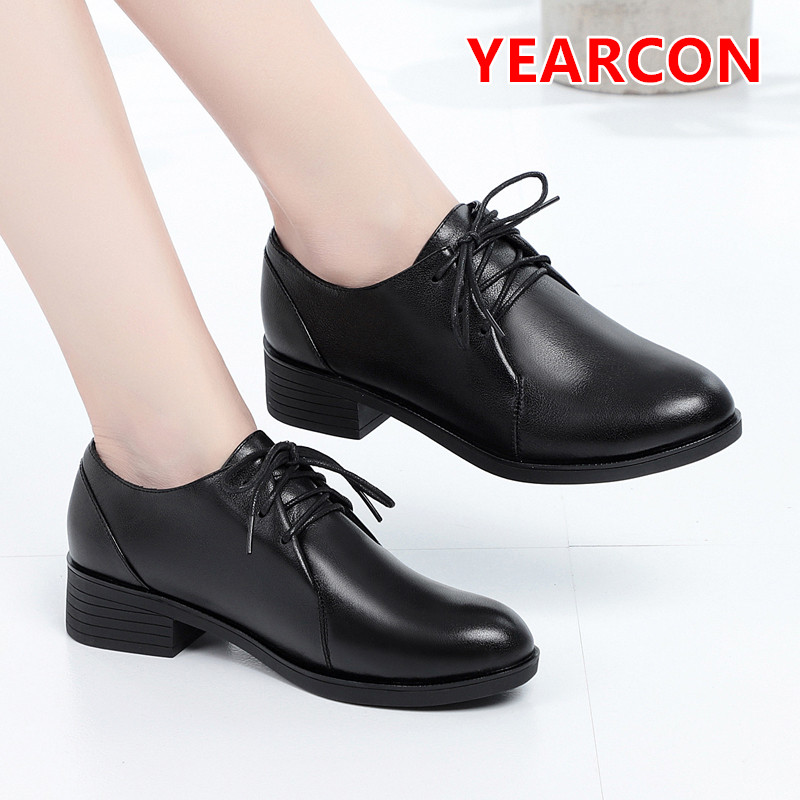 春季意尔康女鞋新款真皮低跟女士皮鞋中跟粗跟单鞋大码妈妈工作鞋